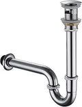 Sink Stopper U Trap Set, Brass Construction U-Shape 1-1/4 inch Slip Inlet Drain, Sink Drain Stopper Set w/Overflow, US/CA Standard, Pls Measure ur Sink Hole Size Before Order, Brushed Chrome