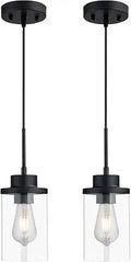 Black Farmhouse Clear Glass Cylinder Pendant Light, Modern Hanging Fixture