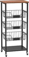 Hastatii Kitchen Storage Cart, Kitchen Basket, 5-Tier Utility Organizer with Baskets and Wood Top, Rolling Snack Cart with Wheels, Metal Black