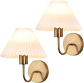 Brushed Brass Wall Sconces Sets of 2 With White Pleated lampshade, Indoor Gooseneck Gold Wall Lamp Lighting, Bathroom Dresser Hardwired sconces wall decor Fixture for Living Room Bedroom Dining Room