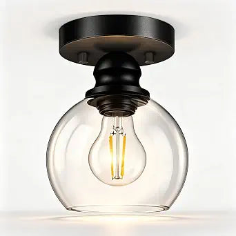 Glass Semi Flush Mount Ceiling Light, Industrial Porch Light Fixtures, Matte Black Base with 6 Clear Glass Shade, Bright Close to Ceiling Light for Hallway Entryway Bath Vanity (E26 Base, No Bulb)