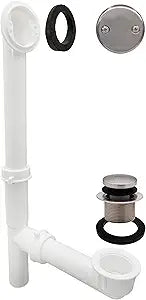 Westbrass A593244-07 14" x 1-1/2" White Tubular Bathtub Waste & Overflow Assembly with Tip-Toe Drain Plug and 2-Hole Faceplate, Satin Nickel