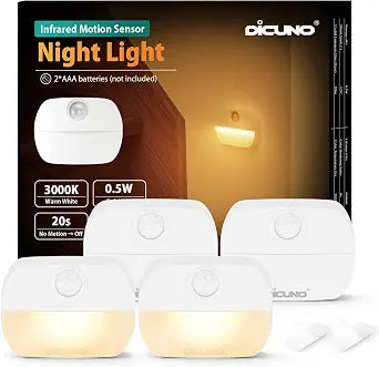 DiCUNO Motion Sensor Night Light, Stick-On, Battery Operated, 3000K, 4-Pack