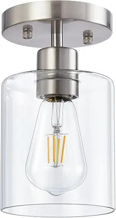 YYT Brushed Nickel Semi Flush Mount Ceiling Light, Small Hallway Light Fixture Ceiling, 1-Light Over Sink Lighting Fixtures Kitchen, Cieling Lights with Clear Glass Shade for Entryway Bedroom 1 Pack