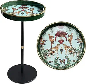 Gesodant Boho Single Leg Round Side Table with Tray Top, Pedestal Drink Table for Small Spaces, Aesthetic Accent Nightstand for Living Room, Bedroom, Corners, and Office (Green Leopard)