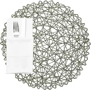 Restaurantware Spinweave 15 Inch Dining Table Placemats Set Of 6 Round Kitchen Table Mats - Semi-Disposable Handwoven Green Paper Circle Placemats Durable Table Mats For Holidays Or Weddings
