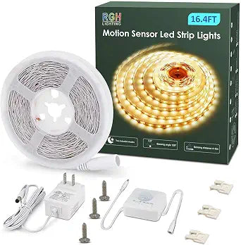 Motion Activated LED Strip Lights,RGH LIGHTING 16.4ft LED Light Strip with Day or Night 2 Lighting Modes,3 Timing Off Modes,Cozy Warm White 12v Plug-in LED Rope Lights for Under Cabinet,Kitchen,Stair