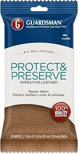 Guardsman Protect & Preserve Wipes For Leather 20 Wipes - Repels Stains, Retains Color and Softness, Great for Leather Furniture & Car Interiors - 470600