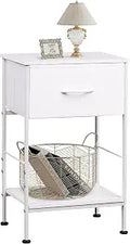 WLIVE Small White Nightstand with Drawer, Fabric Bedside Table, 25.03'' H