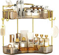 2-Tier Corner Bathroom Counter OrganizerMakeup & Skincare Shelf with Built-in Brush HolderSpace-Saving Bathroom Countertop Organizer for Skincare, Perfume, Cosmetics(Amber)