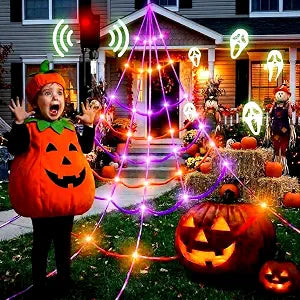 [Motion Activated Lighting&Speaking] 20 * 17FT Halloween Spider Web 150 Led Purple&Orange Lights Light Up Lighted Triangular Giant Waterproof with 200sqft Cobweb for Outdoor Decor Yard Decoration