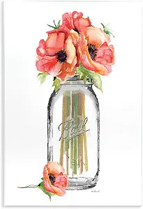 Mason Jar Poppies Floral, 13 x 19 Inch Mounted Print on Wall Plaque