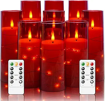 kakoya Flameless LED Candles with Timer 9 Pc Flickering Flameless Candles for Romantic Ambiance and Home Decoration Stable Acrylic Shell,with Embedded Star StringBattery Operated CandlesRed