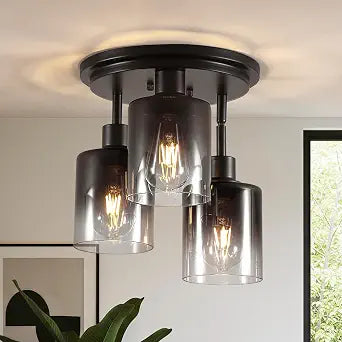 3-Light Black Semi Flush Mount Ceiling Light with Gradient Smoked Glass Shade, Modern Farmhouse Close to Ceiling Light Fixtures for Bedroom Kitchen Hallway Entryway, E26 Base