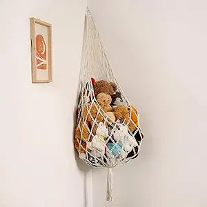 Amdermi Stuffed Animal Hammock Corner, Boho Macrame Plush Toy Storage Net for Wall, Hanging Stuffed Animal Holder for Nursery, Playroom, Kids Room, Cream