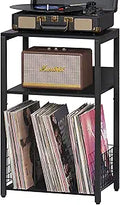 LELELINKY Black End Table, Small Side Table with Metal Frame,Modern Record Player Stand with Storage Shelf, Wood 3 Tier Sofa Bedside Tables, Narrow Nightstand for Living Room Bedroom Office
