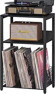 LELELINKY Black End Table, Small Side Table with Metal Frame,Modern Record Player Stand with Storage Shelf, Wood 3 Tier Sofa Bedside Tables, Narrow Nightstand for Living Room Bedroom Office
