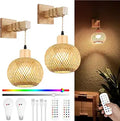 Frideko Boho Battery Operated Wall Sconces Set of Two with Remote, RGB 15 Colors Rechargeable Wall Light, Rattan Dimmable Wireless Wall Lamp with 3 Timer, Bamboo Indoor Wall Lighting for Bedroom