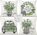 Outdoor Waterproof Pillow Covers 18 x 18 Set of 4, Buffalo Plaid Truck Eucalyptus Leaves Home Sweet Home Spring Farmhouse Decor Cushion Case for Couch Patio Furniture
