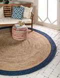 Unique Loom Braided Jute Collection Classic Quality Made Natural Hand Woven with Solid Color Detail Area Rug (3' 3 x 3' 3 Round, Natural/ Navy Blue)
