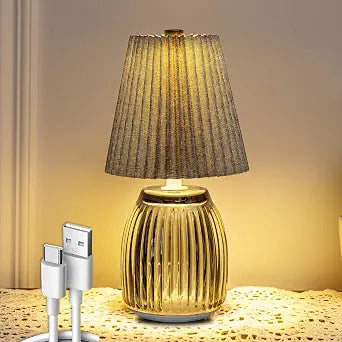 MJ PREMIER Rechargeable Table Lamp Pleated Small Cordless Lamp with Timer