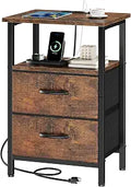 Vagusicc Nightstand with Charging Station, Small Night Stand with Fabric Drawers for Bedroom, End Table, Bedside Table with USB Ports & Outlet, 24.2" Tall Bed Side Table with Open Shelf, Rustic Brown