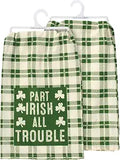 Primitives by Kathy Decorative Kitchen Towel Green Plaid with a Sassy Part Irish All Trouble Sentiment with Shamrock Design, Fun Seasonal Accent for Your Kitchen dcor